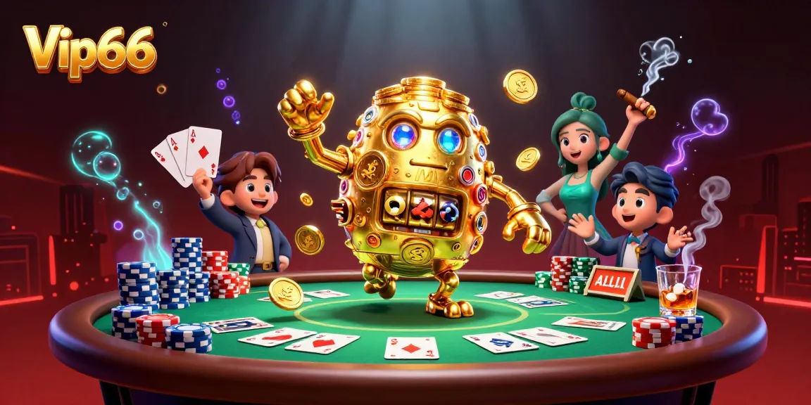 Experience thrilling games and jackpots at Vip66, featuring a gold golem and dynamic poker scene.