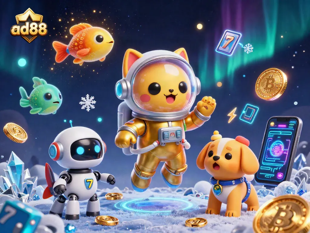 Play slots and win big with ad88 in a vibrant cosmic casino adventure illustration.