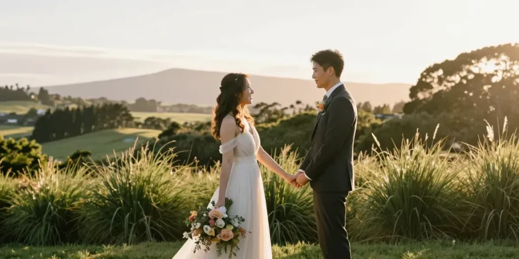 Dunedin wedding photographer captures a couple in a romantic moment during golden hour.