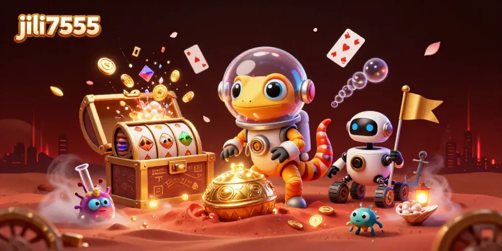Experience the thrill of jili7555 with a Martian gecko discovering a casino on Mars, filled with game elements.