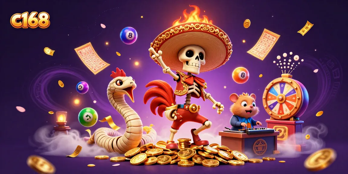 C168 offers exciting gameplay with a vibrant 3D casino illustration featuring dynamic characters and gambling elements.