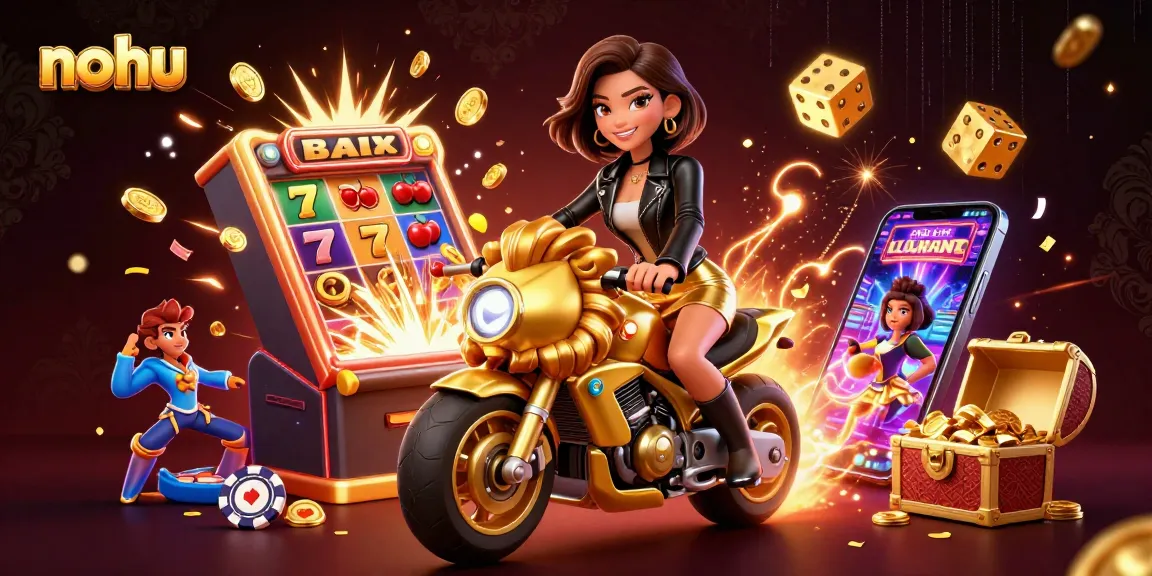 Nohu slots action illustration with a glamorous Asian woman riding a golden lion amid jackpot explosions and dynamic game elements.