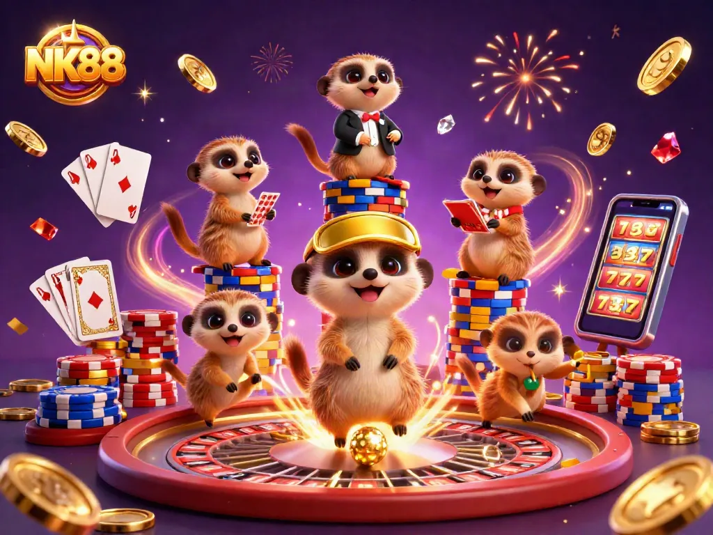 Experience excitement at NK88 casino with dynamic meerkats in a vibrant gaming scene.