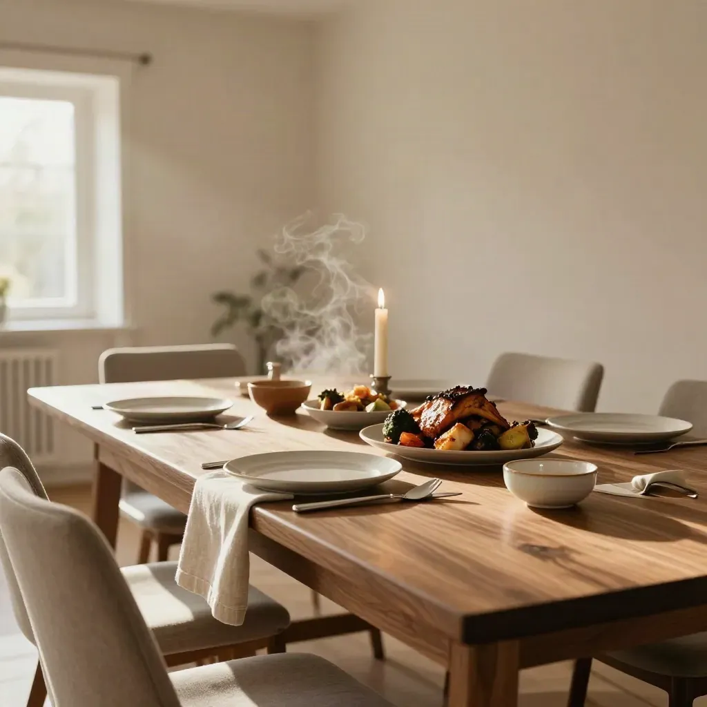 Warm family dinner table for four in a wood-lined room with candles, shared platters, and soft daylight.