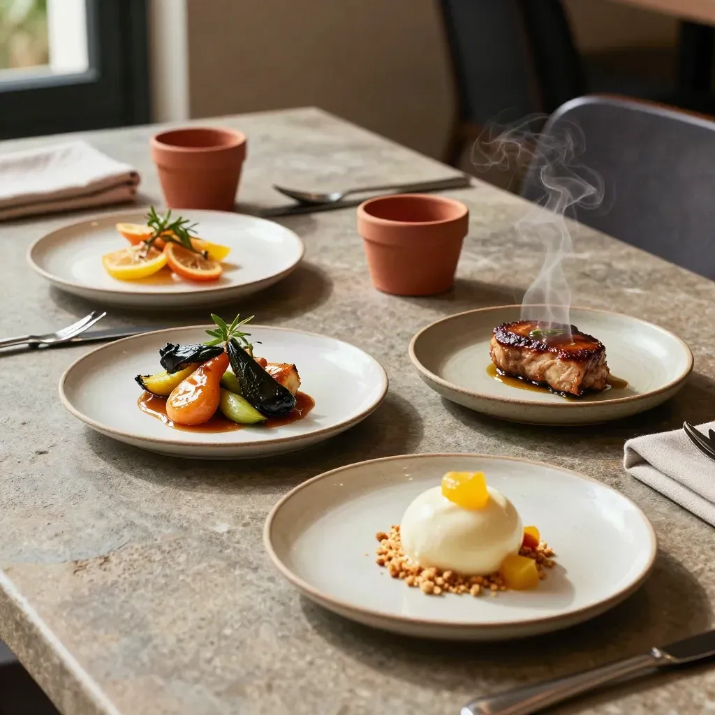 Four-course tasting plates on a stone tabletop with steam and terracotta accents