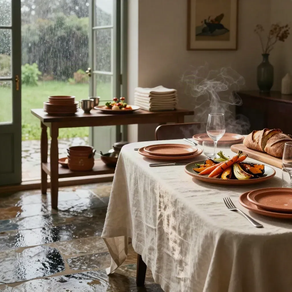 Private dining room table with roast vegetables, bread, and plated courses after rain.