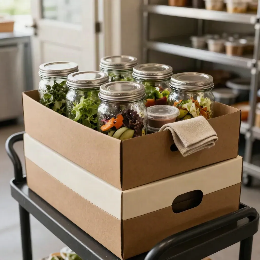 Charcoal service cart with stacked catering boxes and glass jars of salads and vegetables