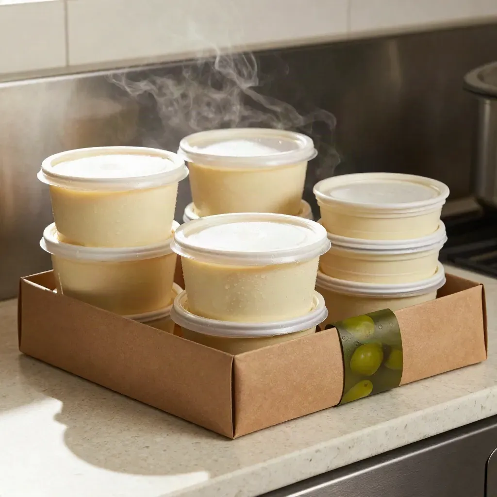 Sealed meal bundles for four stacked in a carrier on a travertine counter, with steam and mist.