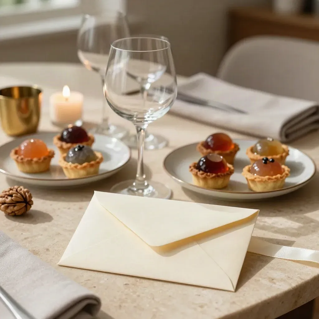 Cream gift card envelope with ribbon beside coupe glasses and dessert plate in warm candlelit dining setting.