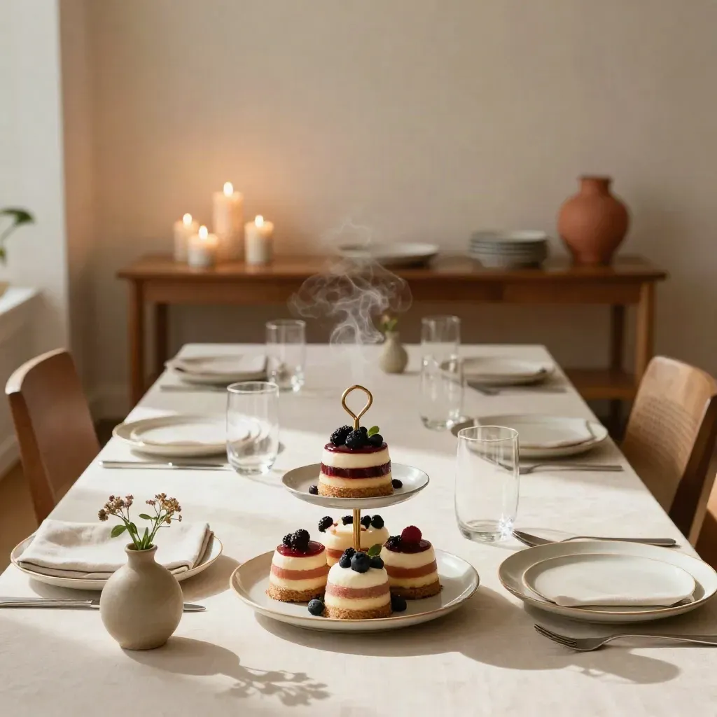 Birthday dessert table for four in a warm private dining room with candles and flowers.