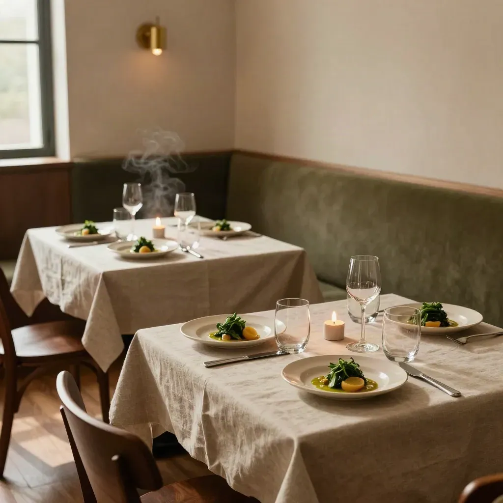 Two set two-top tables with candles and first courses in a quiet dining room.