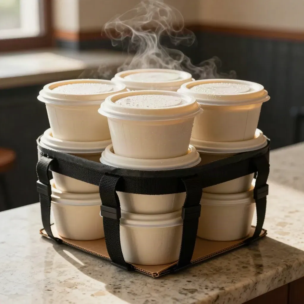 Four hot meal containers in a charcoal carrier steaming on a stone counter.