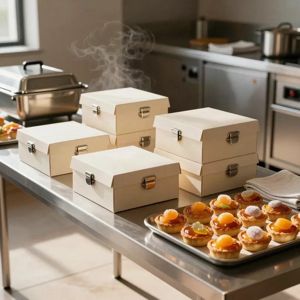 Three catering boxes, ramekins, and dessert tray on a steel service table in a catering kitchen.