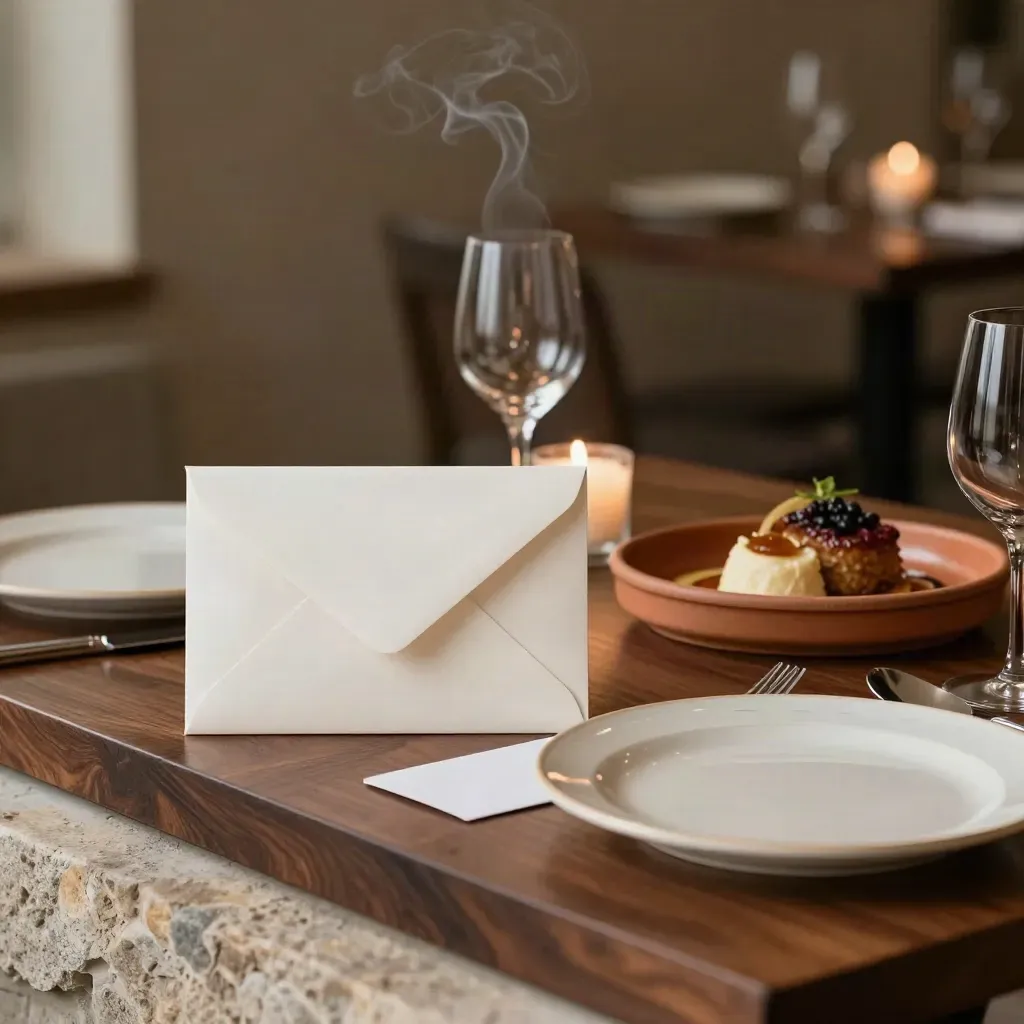 Gift card and reservation envelope beside a set two-top with dessert in moody dining light