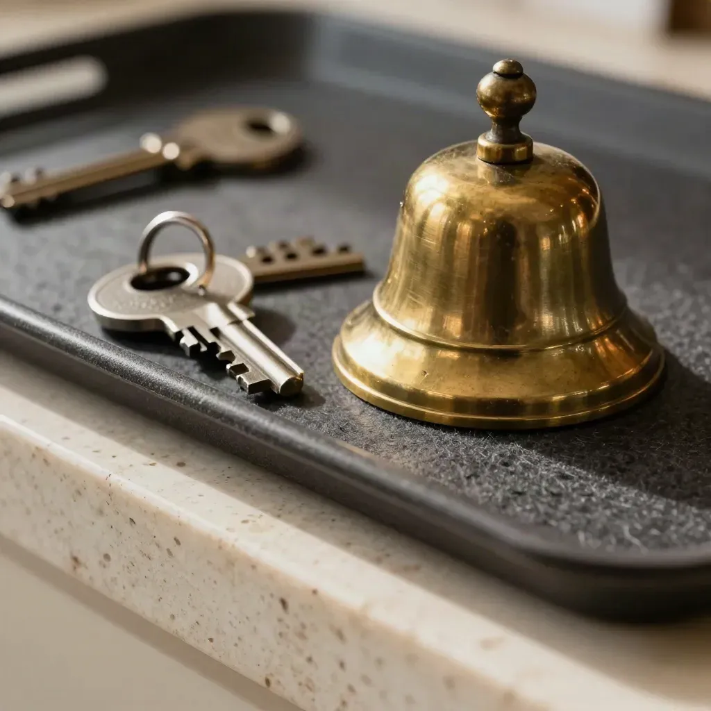 Macro still life of reservation keys, brass bell, and table tokens on dark felt