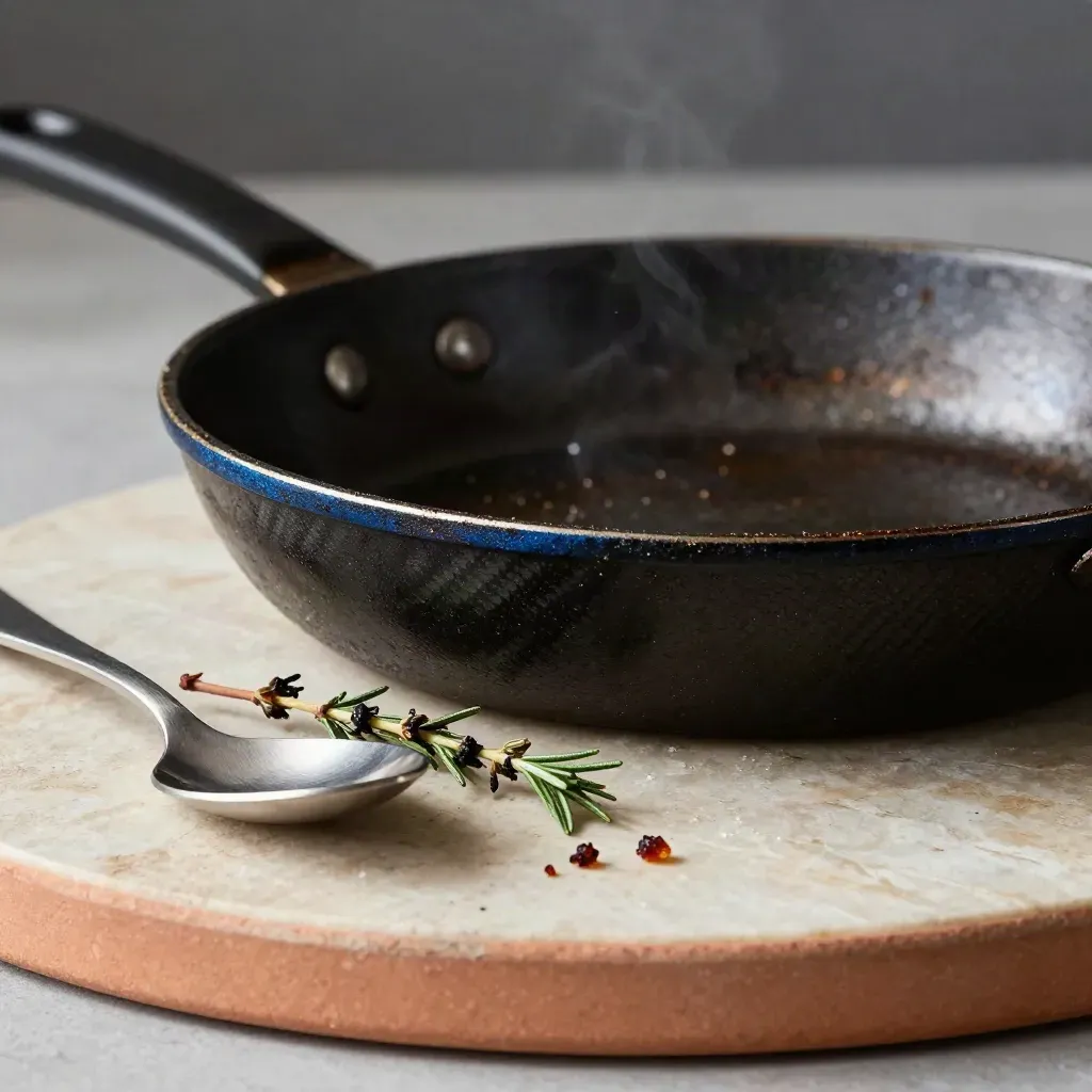 Carbon-steel skillet, offset spoon, and charred herbs on stone in dramatic studio light.