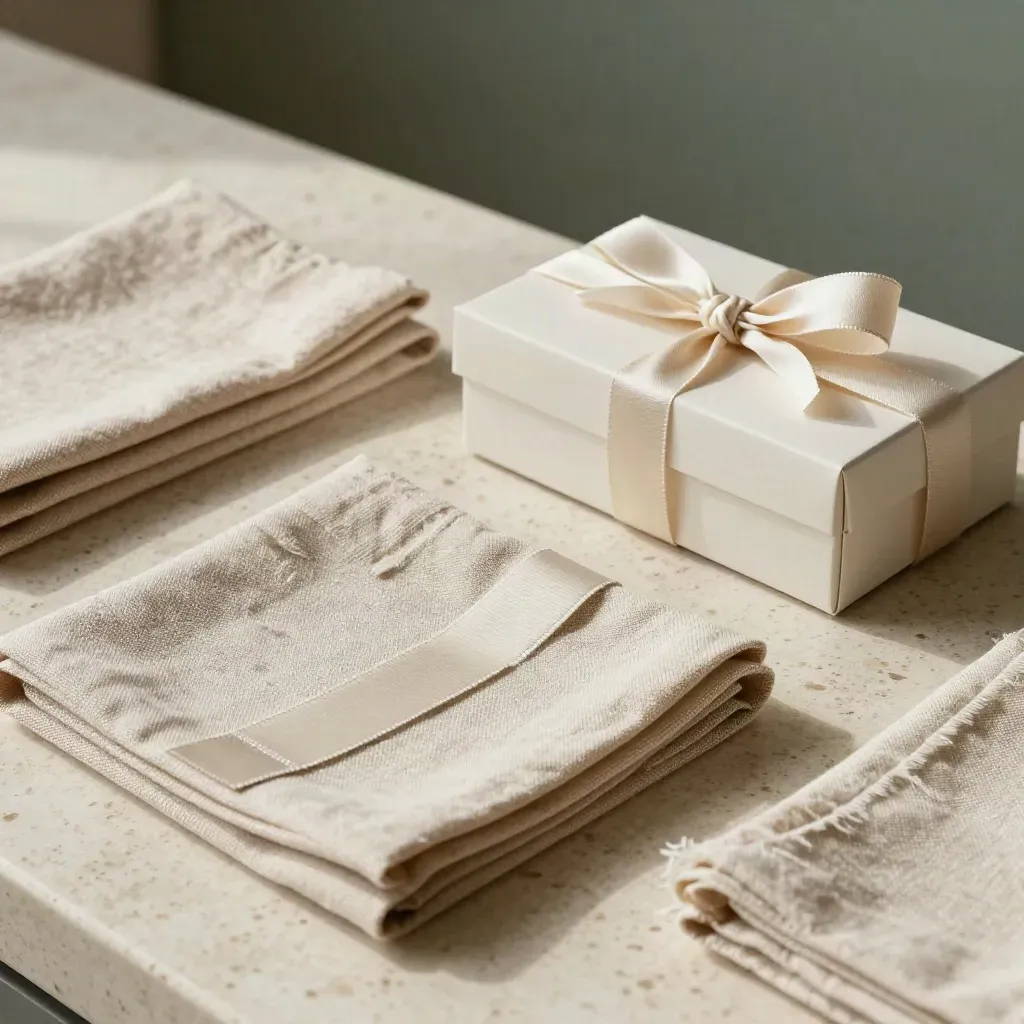 Top-down close-up of linen napkins, fabric color tabs, and a ribboned sample box on travertine.