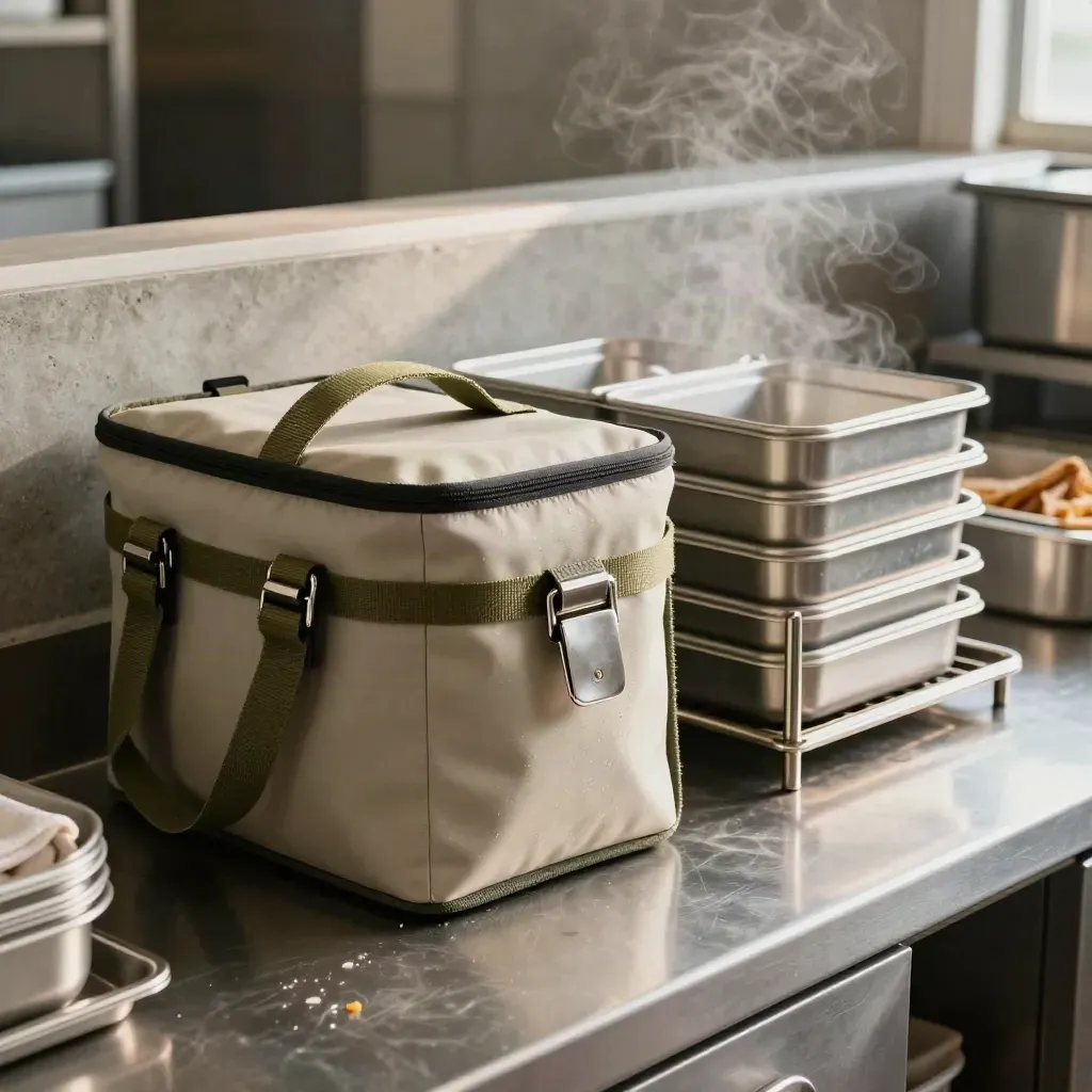 Insulated carrier, stacked pans, and service rack in a steamy prep zone