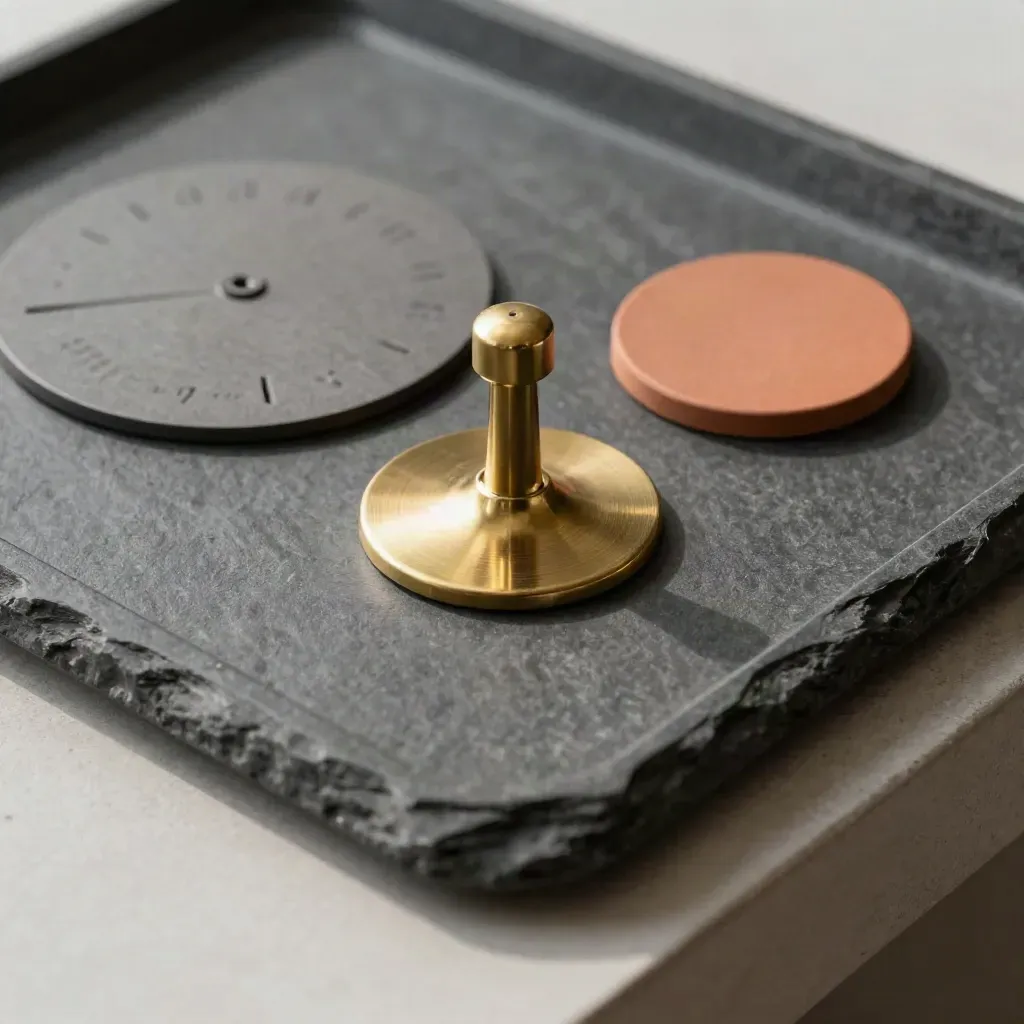 Brass marker, calendar disc, and terracotta reservation token on a dark stone tray.