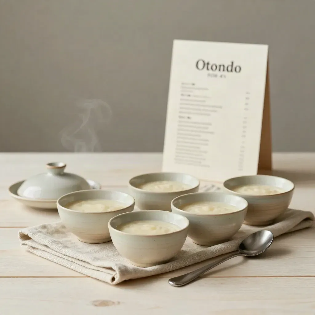 Four tasting bowls beside a covered dish and spoon on a pale wood tray