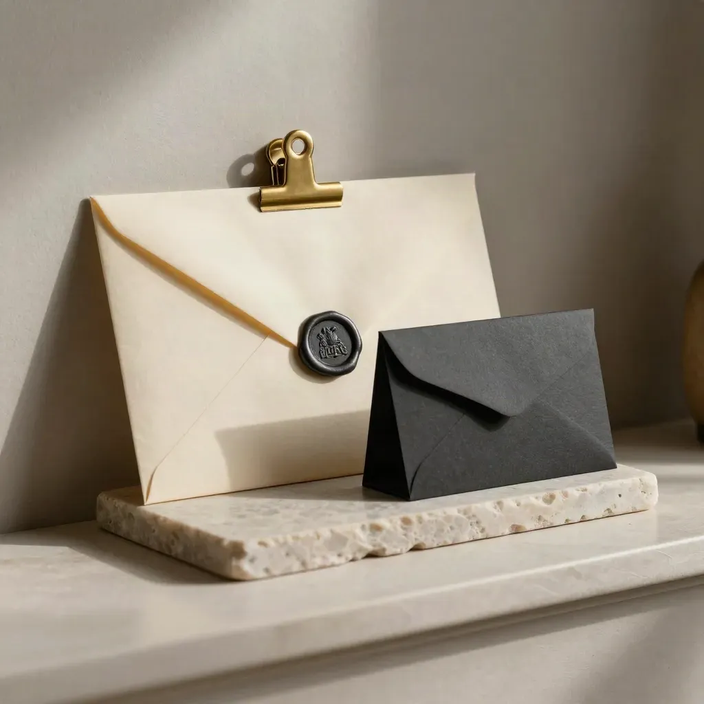 Envelope, wax seal, brass clip, and folded note sleeve on pale stone