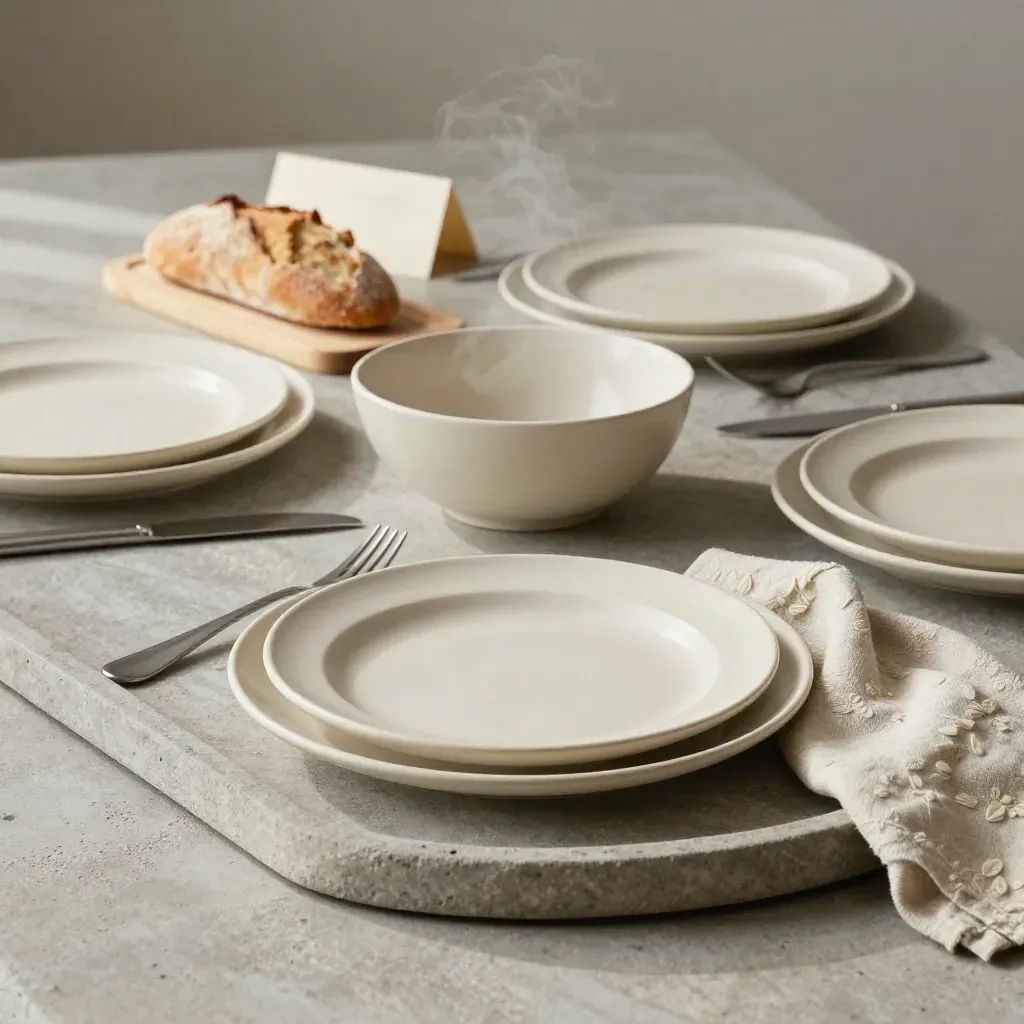 Four-place dining setting on stone tray with bread board, serving bowl, linen cloth, soft steam
