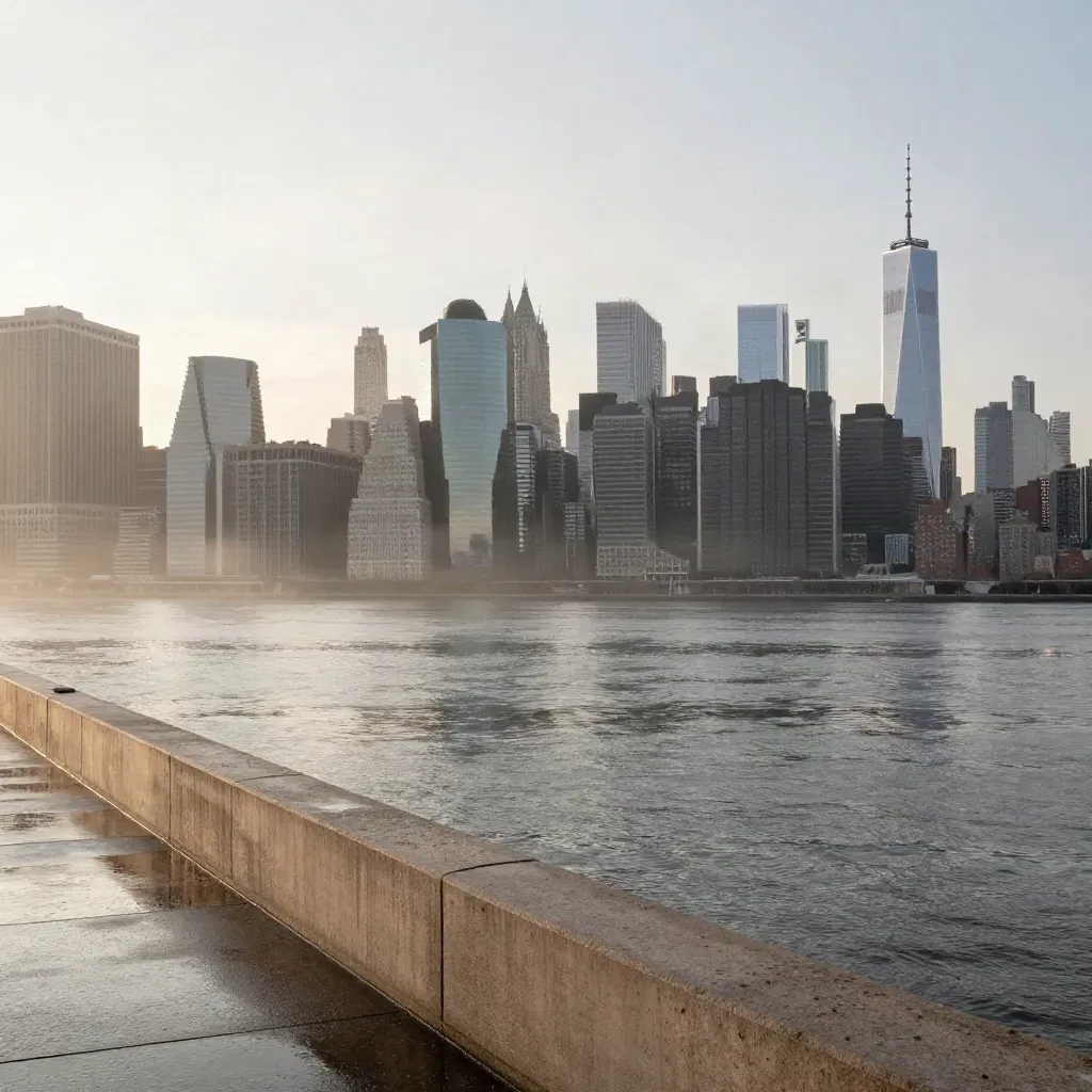 Manhattan skyline above a calm rainy Brooklyn waterfront in pale evening haze