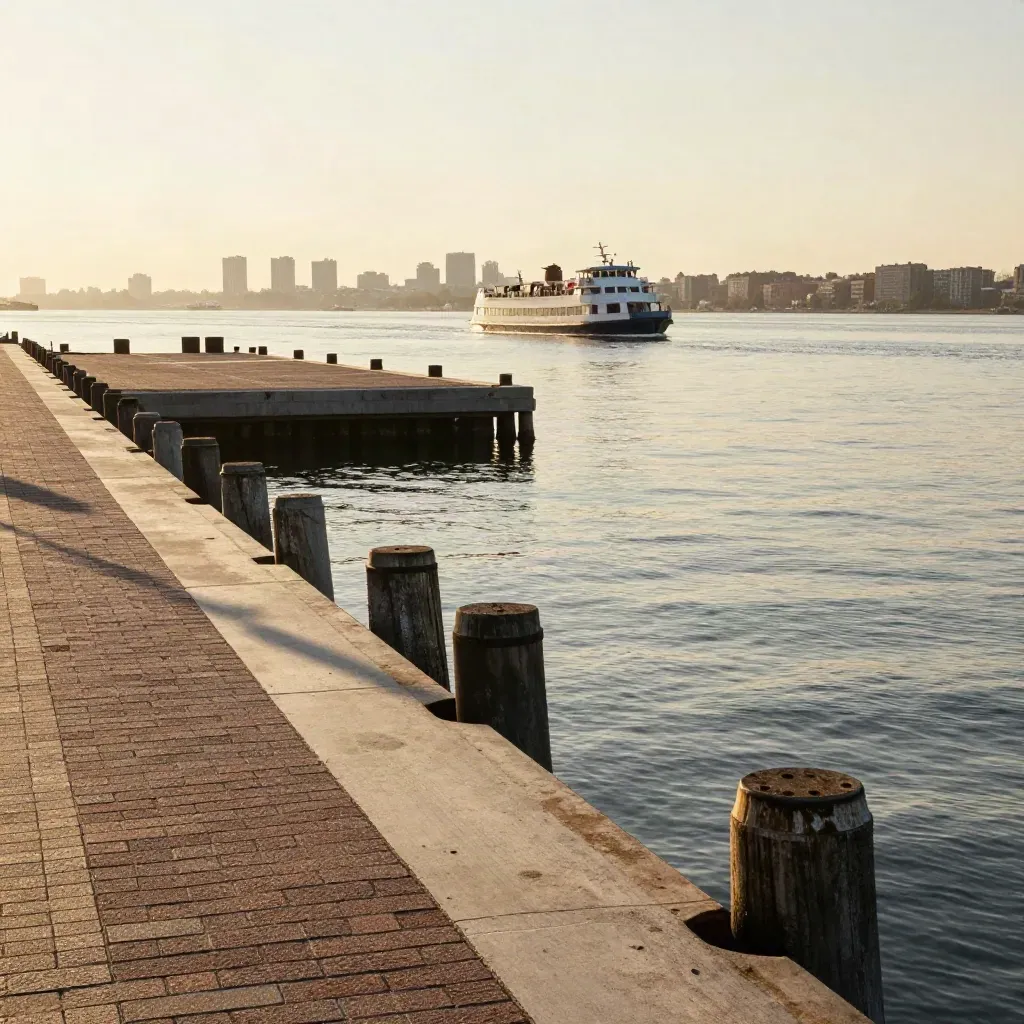 Golden-hour waterfront view of ferries, brick piers, and the Manhattan edge beyond.
