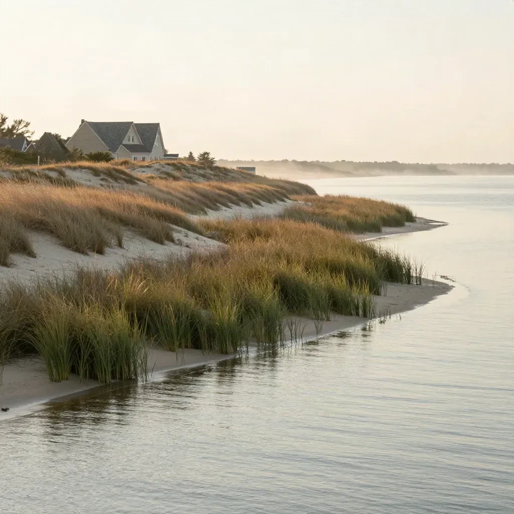 Long Island North Shore marshes, pale dunes, and a distant manor roof under hazy late-afternoon light