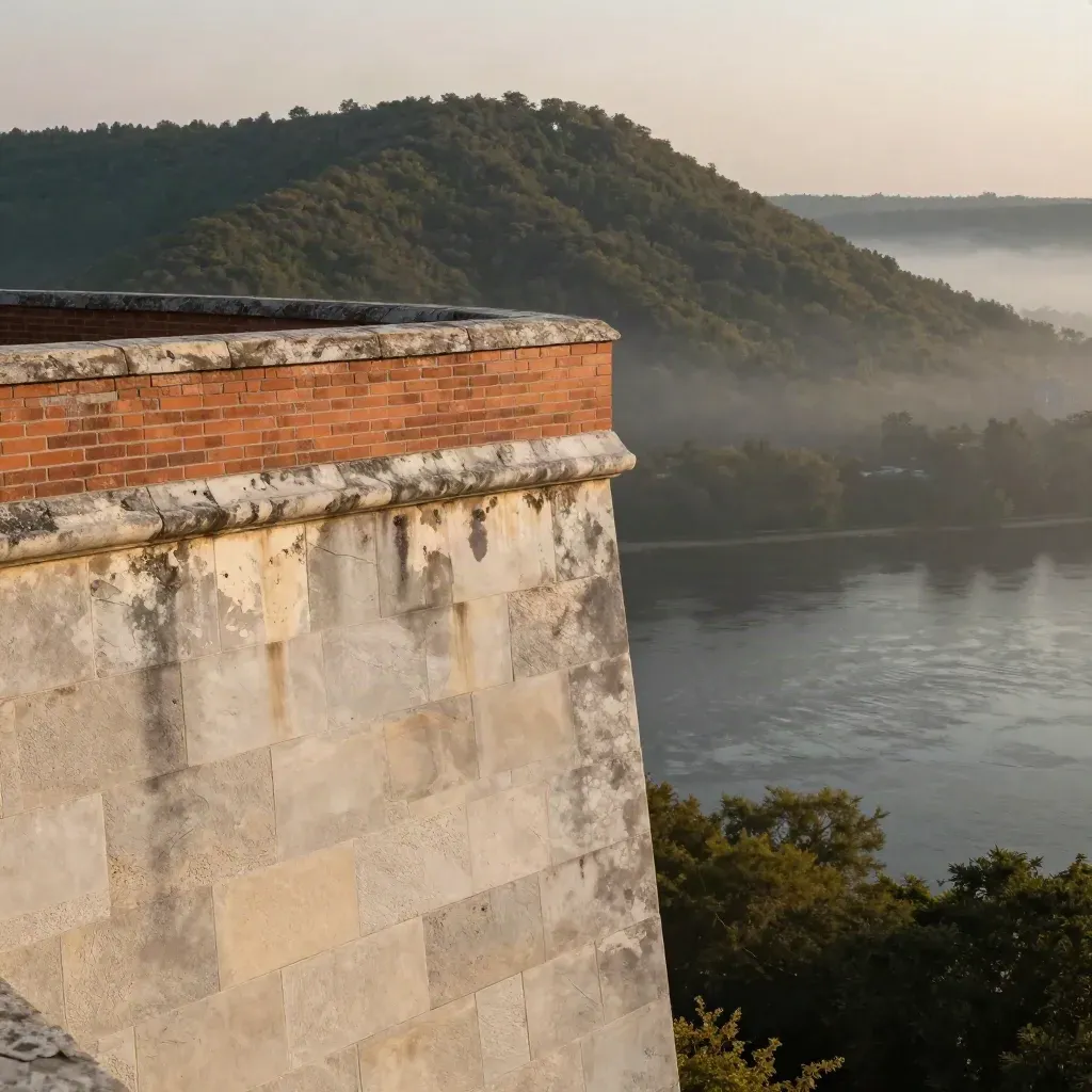 Hudson Valley overlook with stone walls, wooded ridge, and river mist at dusk