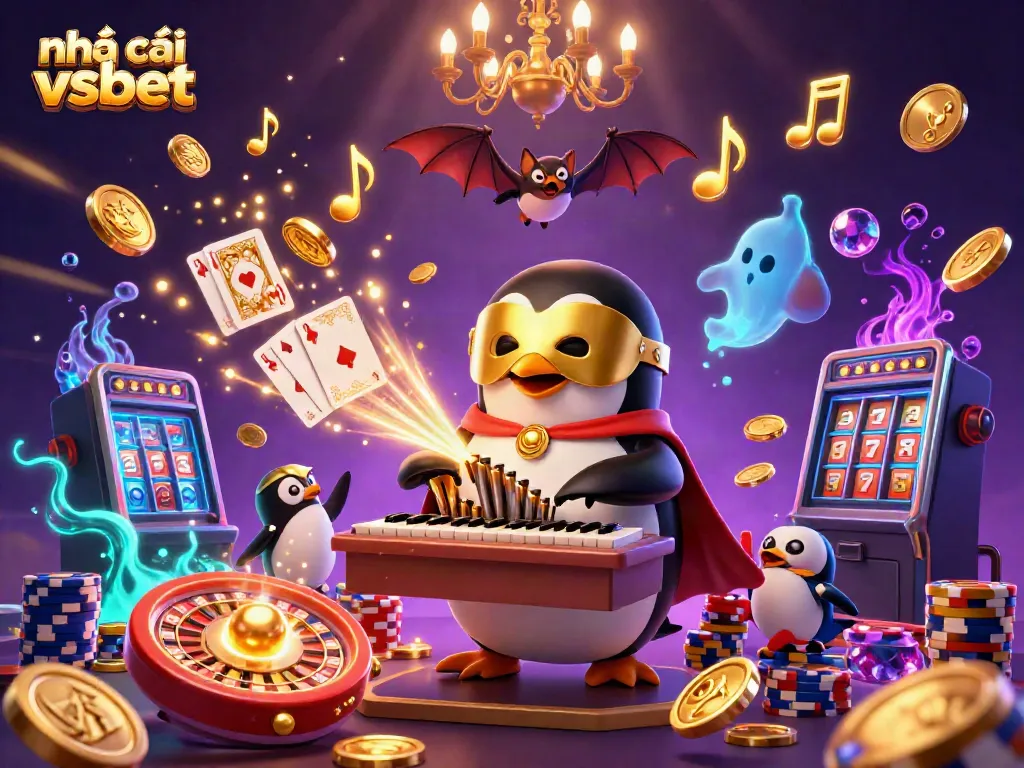 Experience the thrill of nhà cái vsbet with our vibrant gaming illustration featuring penguins and golden coins.