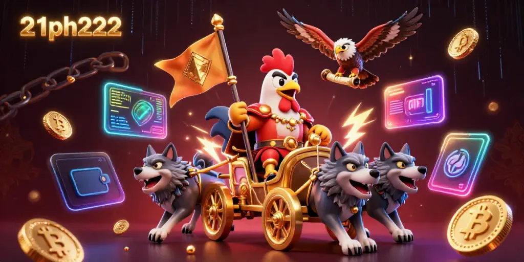 Experience thrilling wins with 21ph222 as a rooster warlord leads the charge in a vibrant casino scene.