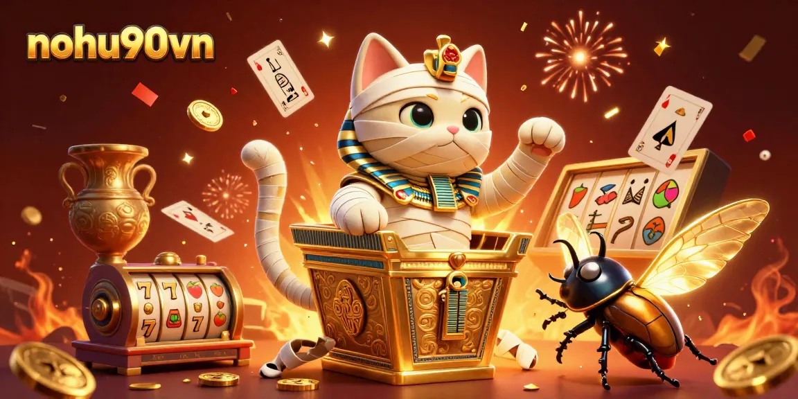 Experience thrilling gameplay at nohu90vn with a vibrant casino scene featuring a mummy cat and slot reels.