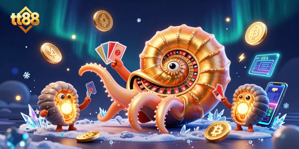 tt88 players engage with a dynamic casino scene, featuring a giant nautilus roulette wheel and glowing crypto elements.