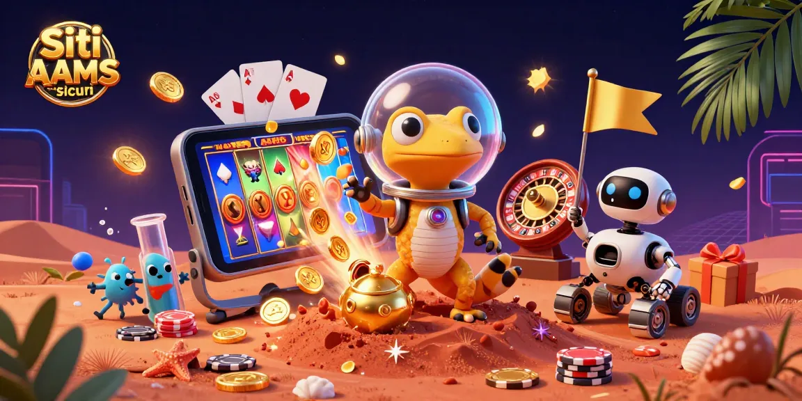 Gioca negli Siti non AAMS sicuri con il gecko marziano esplorando un casinò dorato in un'illustrazione 3D.