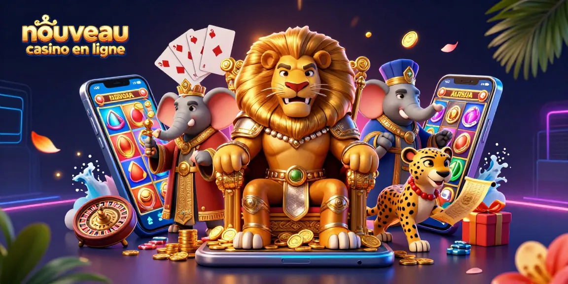 Découvrez le nouveau casino en ligne avec un roi lion, un éléphant sage et un guépard messager entourés d'éléments de jeu animés.