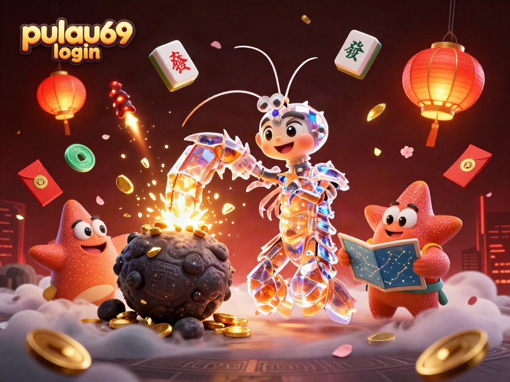 Pulau69 login experience with colorful casino elements, showcasing a galactic shrimp and treasure