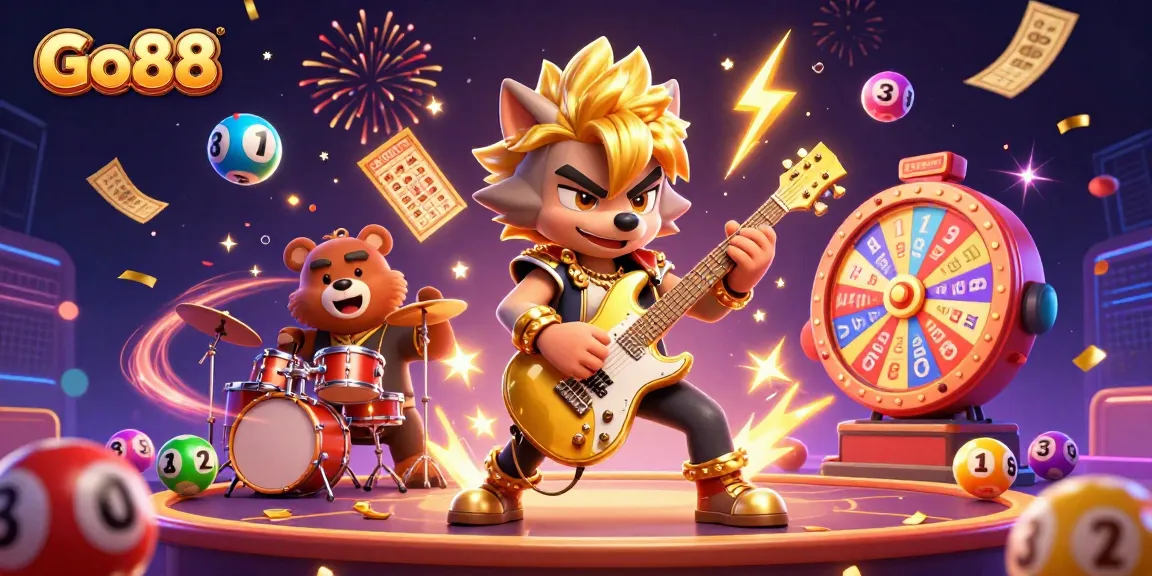 Engage with Go88's vibrant casino atmosphere featuring a rock star wolf, lively animations, and dynamic lottery elements.