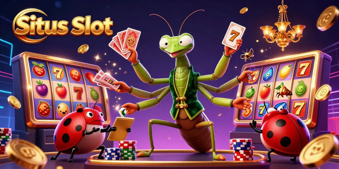 Situs Slot offers a thrilling scene of a giant mantis and ladybug in a bustling casino, celebrating wins with cards and coins.