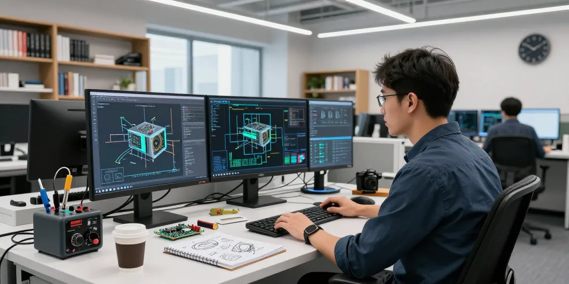 NAGA2000 technology development scene with an engineer at workstation, showcasing advanced schematics and tools.