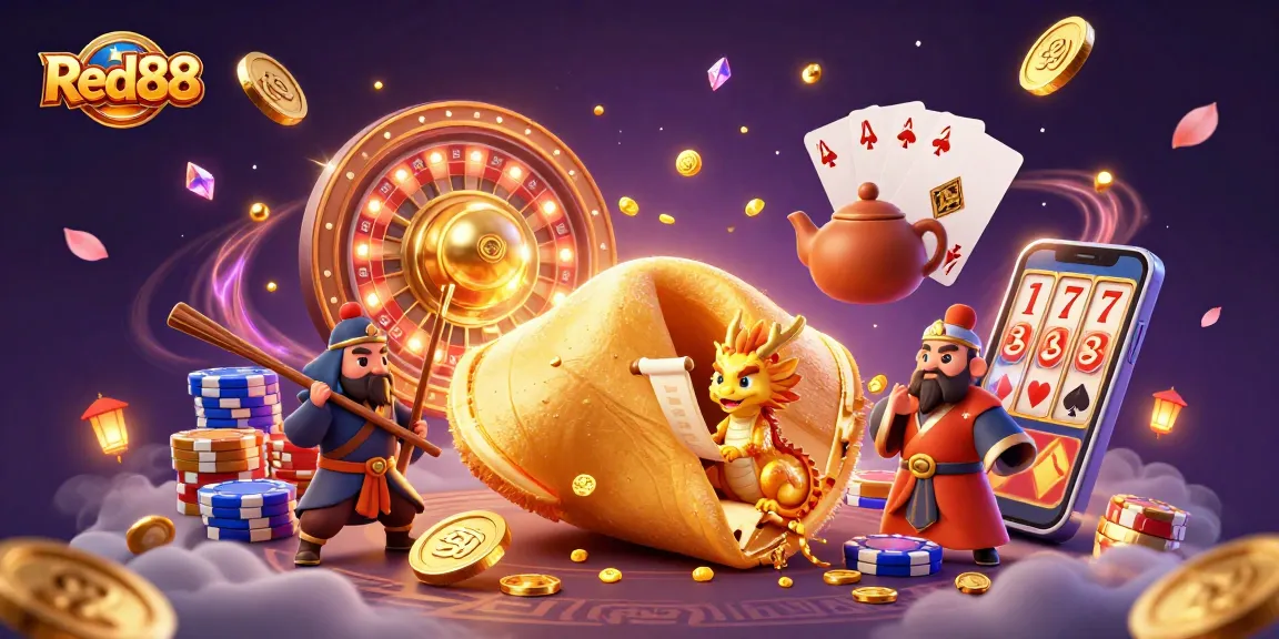 Engage in thrilling gameplay with Red88 at a vibrant casino atmosphere featuring dynamic characters and rich gold elements.