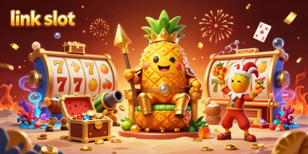Experience thrilling wins at link slot with a vibrant 3D scene featuring characters and jackpots.