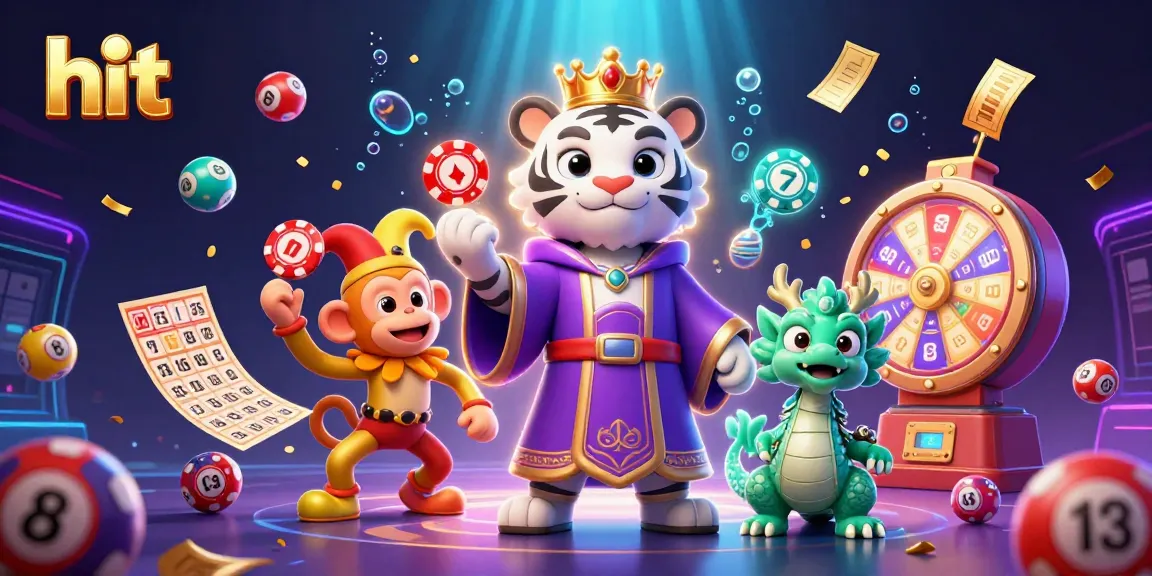 Hit gaming excitement with a majestic tiger in royal garb, juggling poker chips amid colorful lottery elements.