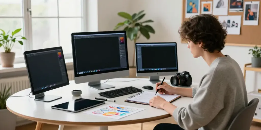 Designer using an affordable AI image generator in a modern creative workspace