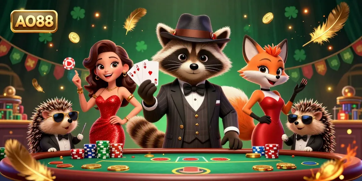 Play poker with AO88 in this vibrant 3D illustration of raccoon and fox characters in a casino.