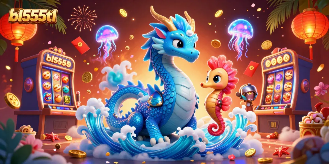 Spin and win with bl555t1 as a vibrant water dragon and seahorse knight play among slot machines and gold coins.