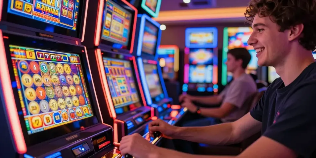 Permainan slot777 yang seru dengan pemain bersemangat di kasino.