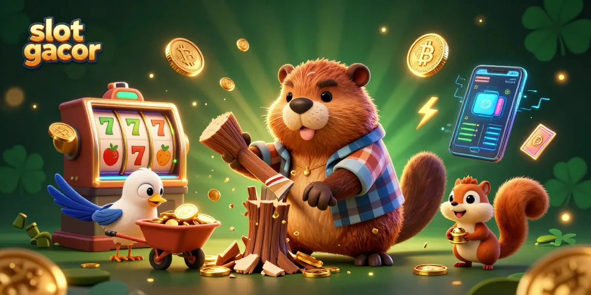 Win big with slot gacor exciting visuals of a beaver collecting golden coins and slot reels.