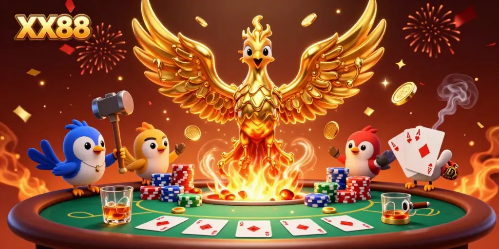 Experience the thrilling XX88 casino atmosphere with molten gold phoenix and poker excitement.