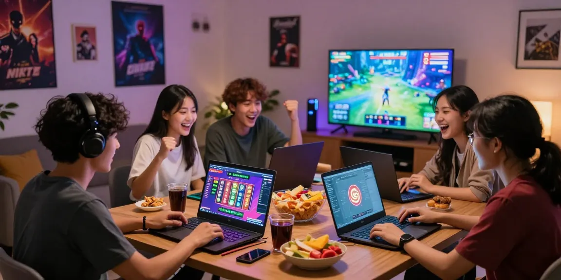 Friends enjoying judi slot gacor game night at home, lively atmosphere with snacks and laughter.